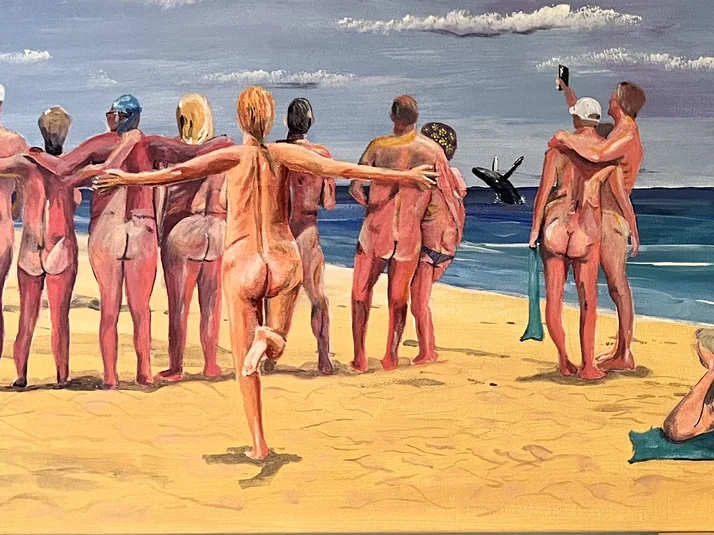 Ein Gemälde von nackten Menschen am Strand